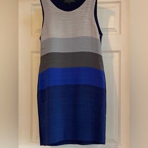 Rag & bone blue gray color block layered silk front, solid back bodycon dress.